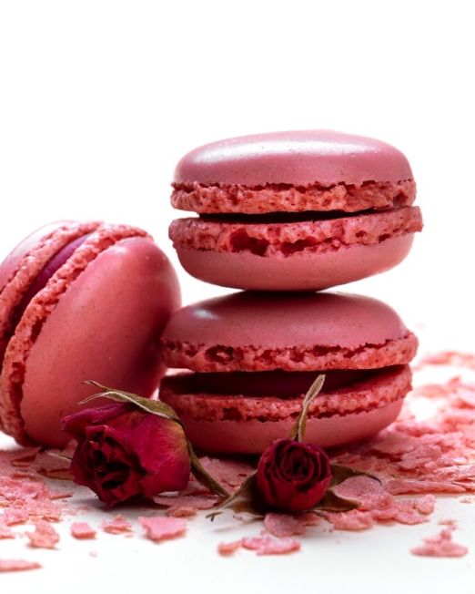 Pink rose french macarons on pastel background traditional dessert in France