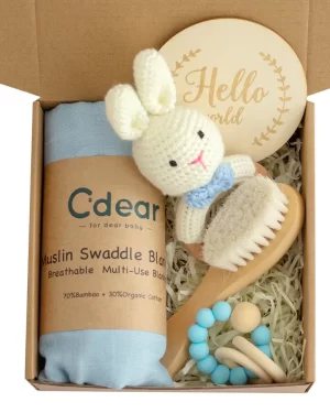 Baby Gift Set with Swaddling Blanket – Blue