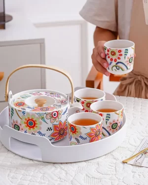 Porcelain Floral Teapot with Infuser and Tea Cups with Serving Tray